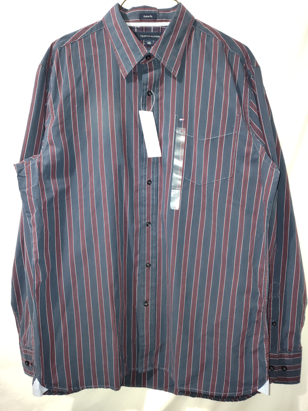 Tommy Hilfiger Men’s Navy Button-Down Shirt with Red Stripes